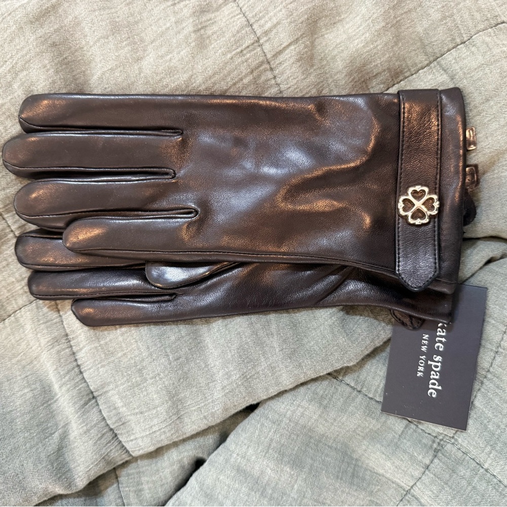 Kate Spade Black Leather Gloves with Flower Buckle